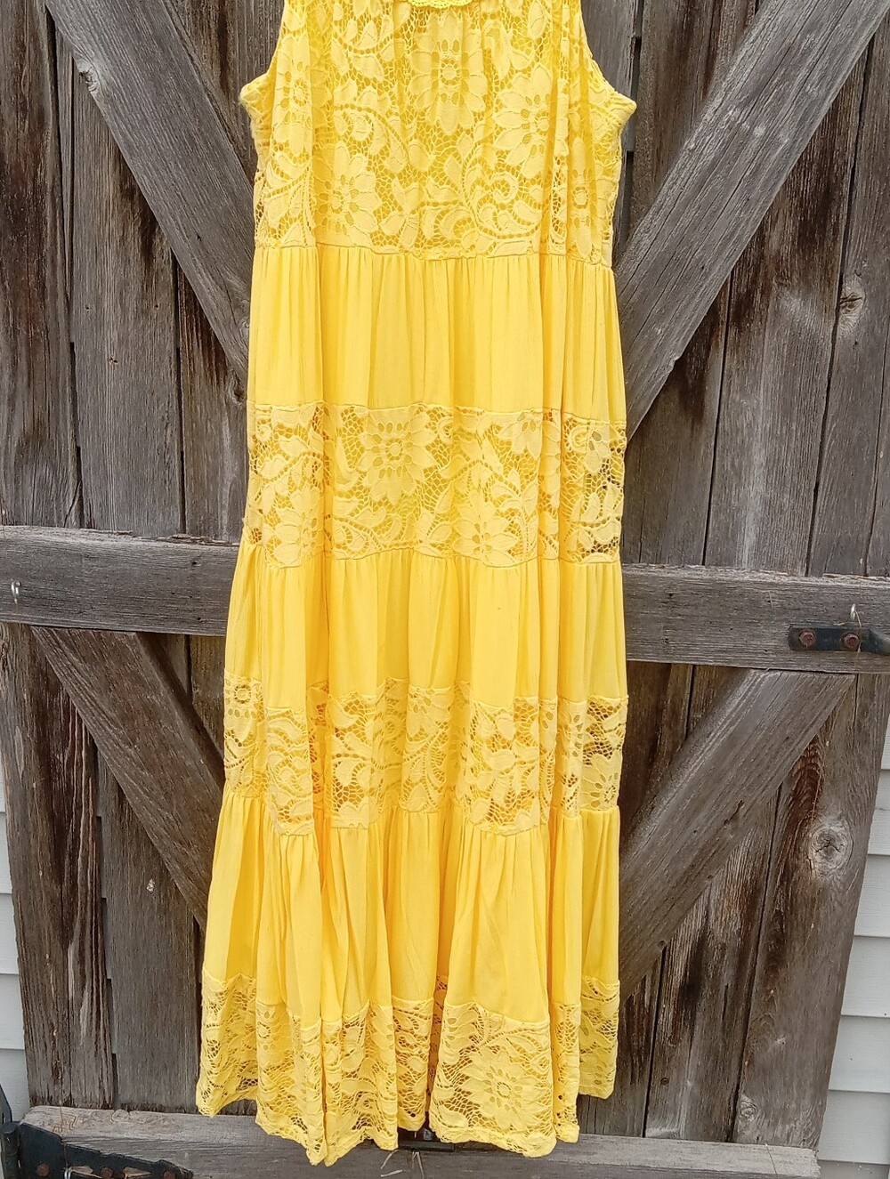 Signature by Robbie Bee Yellow Tiered Gauze and Lace Sundress, L - Picture 5 of 6
